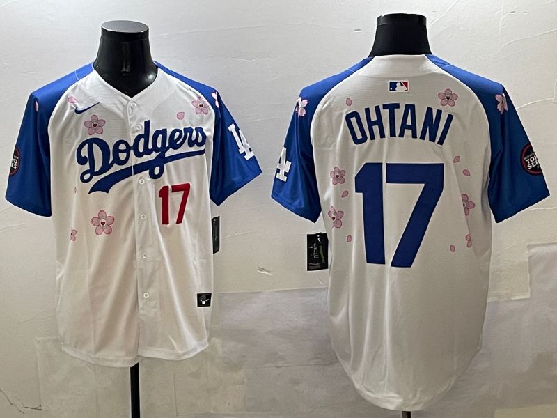 Men Los Angeles Dodgers #17 Ohtani White Blue Sakura Edition 2025 Nike MLB Jersey style 7